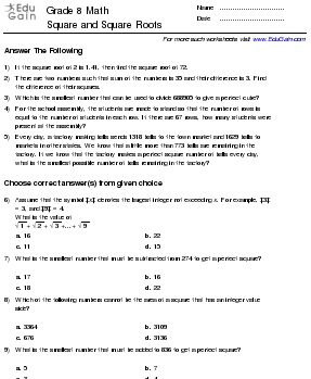 Grade 8 Math Worksheets and Problems: Square and Square Roots : EduGain