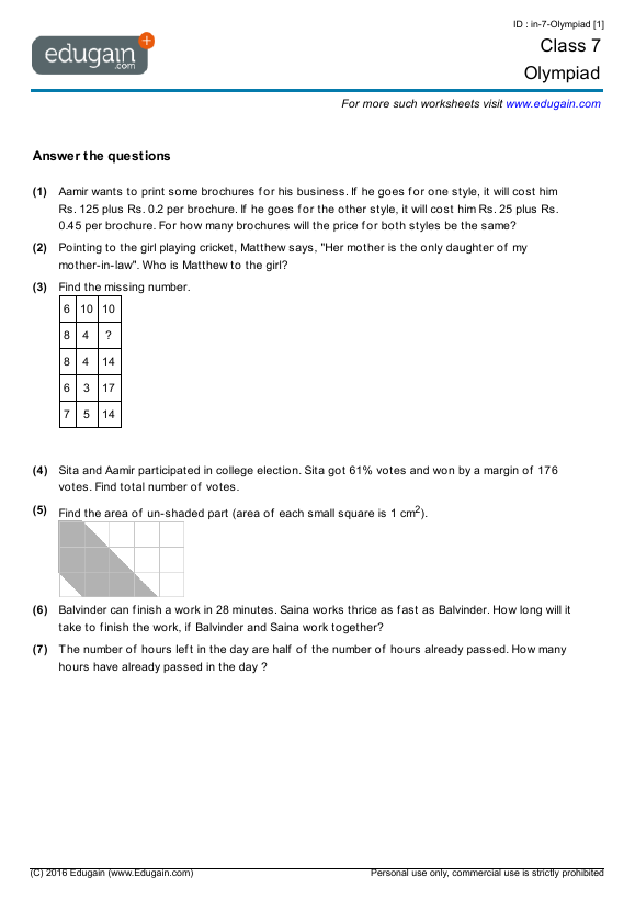 Grade 7 Mathematics Olympiad Preparation Online Practice 